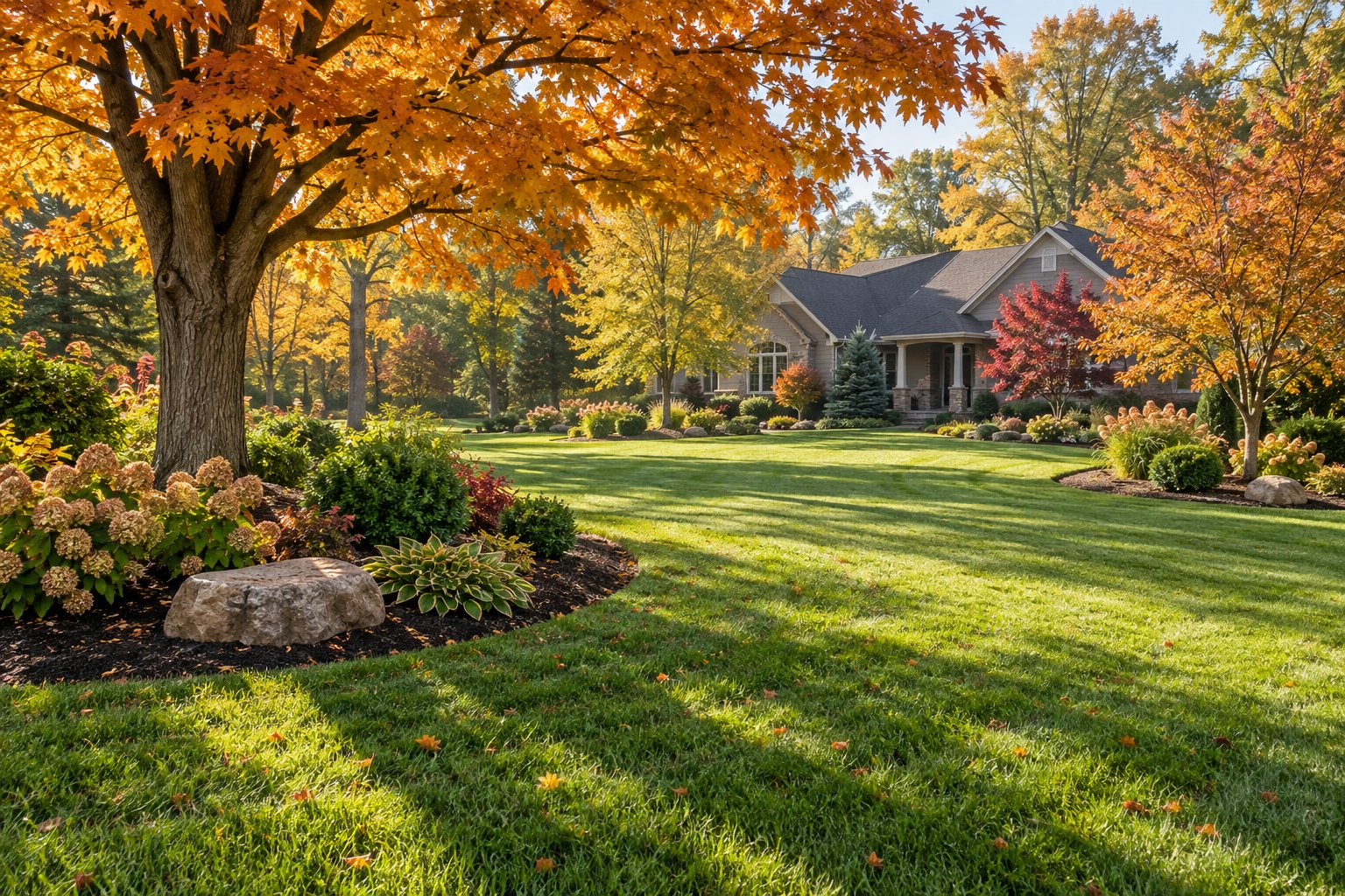 Maintained lawn and autumn trees outside a home